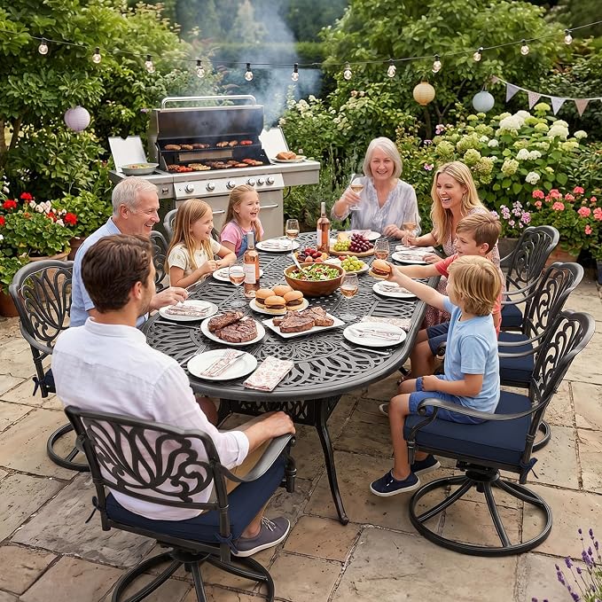 VIVIJASON 9-Piece Patio Furniture Dining Set, All-Weather Cast Aluminum Outdoor Conversation Set, Include 8 Swivel Dining Chairs and an Oval Table with Umbrella Hole, Navy Blue Cushion