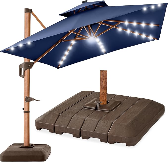 Best Choice Products 10ft Square Cantilever Patio Umbrella w/Base Included, Woodgrain Pattern Pole & Solar LED Lights, 360-Rotation, Offset Hanging Outdoor Shade