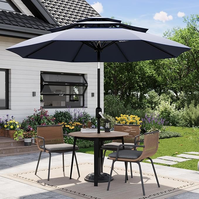 Garvee 10Ft 3-Tier Patio Umbrella, Outdoor Table Umbrella with Vents, Easy Crank and Push Button Tilt, Market Umbrella with 8 Sturdy Ribs for Pool, Deck, Yard, Garden -Navy Blue