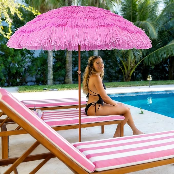 AMMSUN 7.5ft Hula Thatched Tiki Patio Beach Umbrella Hawaiian Style 10 Ribs UPF 50+ with Tilt Carry Bag for Outdoor Tiki Bar, Tropical Palapa, Patio Garden Beach Pool Backyard Pink