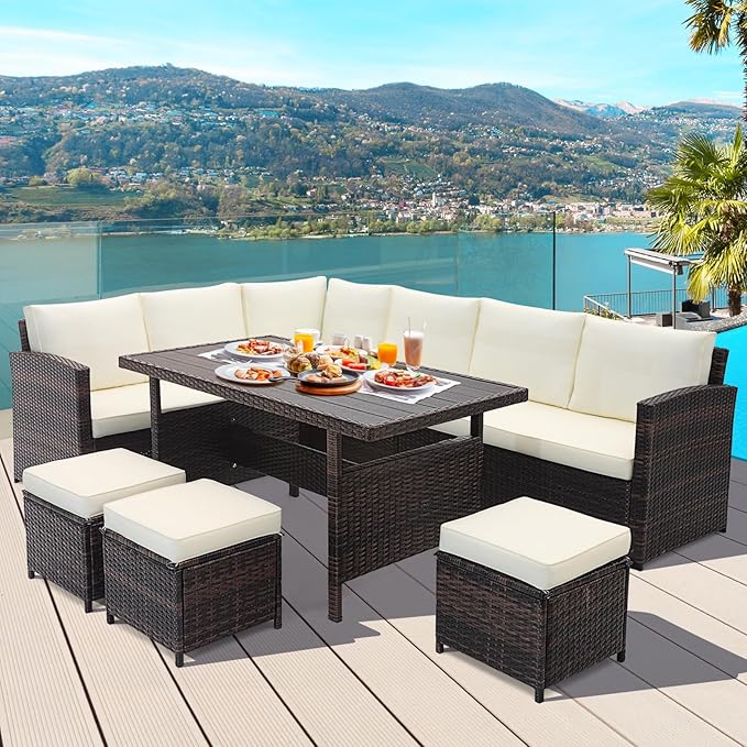 KOTEK 7 Pieces Patio Furniture Set, Wicker Outdoor Conversation Set with Dining Table & Ottomans, PE Rattan Outdoor Sectional Sofa Set for Backyard, Deck, Poolside (Off White)