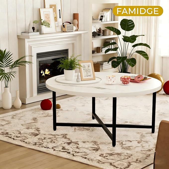FAMIDGE Coffee Table, 31.5" Large Round Coffee Table for Living Room, Center Tables for Family & Office Use, Outdoor Coffee Table Round, Large White(31.5" D x 17.7" H)