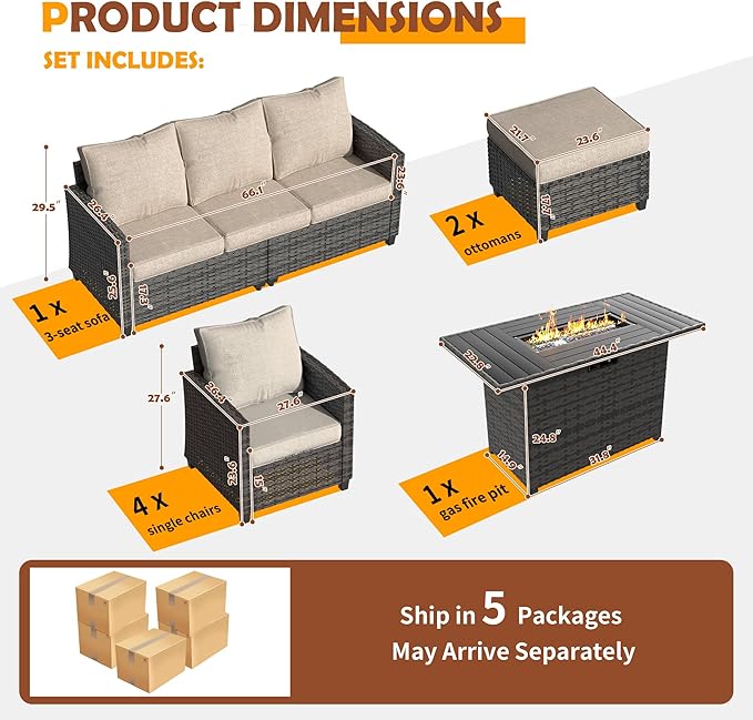 UDPATIO Patio Furniture Set with 44" Fire Pit Table, 8 Pieces Outdoor Sectional Conversation Sets, All-Weather Wicker Rattan Sofa Ottoman with 4" Thick Cushion for Garden Backyard Deck, Khaki
