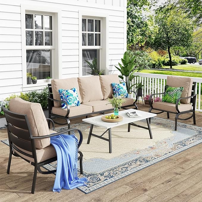 MFSTUDIO Patio Conversation Set, 5 Seats Metal Outdoor Furniture Sets with 1 x 3-Seat Sofa, 2 Single Chairs,1 Coffee Table, 4 Pieces All Weather Steel Frame Patio Sets with 5.75inch Beige Cushions