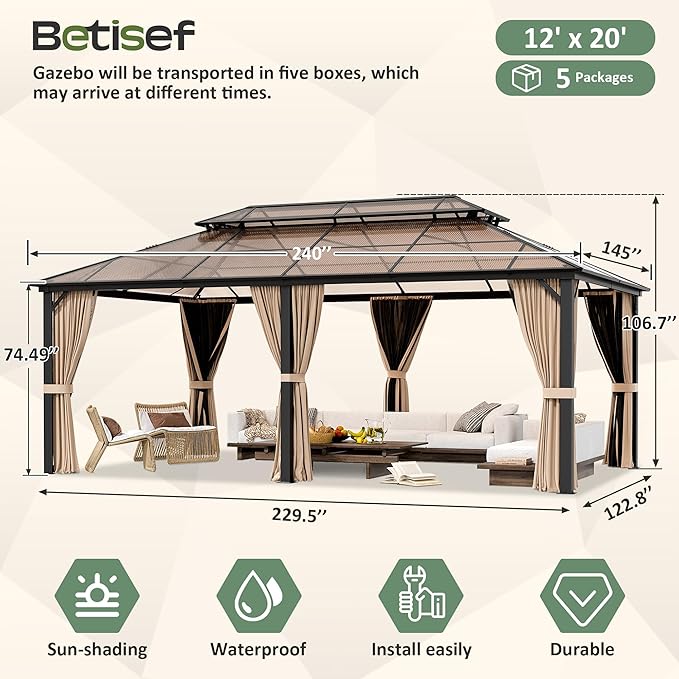 12'x20' Hardtop Gazebo, Outdoor Polycarbonate Roof Canopy, Aluminum Frame Permanent Pavilion with Curtains and Netting, Sunshade for Garden, Patio, Lawns