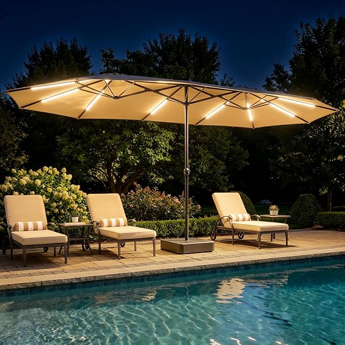 15FT Patio Umbrella with Solar Light Bar, Large Double-Sided Outdoor Table Umbrella with Base, Crank, Steel Ribs and Pole for Patio, Beach Sun Umbrellas for Backyard, Poolside, Beige
