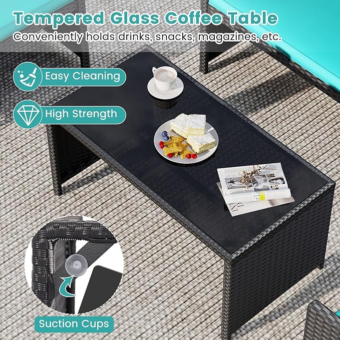 Tangkula 8 Pieces Patio Wicker Furniture Set, Outdoor Heavy Duty Rattan Cushioned Chairs, Loveseat and Tempered Glass Coffee Table, for Backyard, Balcony, Poolside (Turquoised,2)