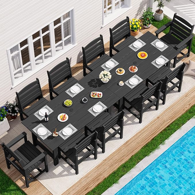 SERWALL HDPE Outdoor Dining Set for 10 with 2 Tables & 10 Chairs, Black | 12-Piece HDPE Outdoor Dining Set for 10, All-Weather Resistant Dining Furniture