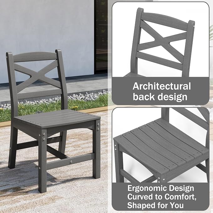 Outdoor Armless Dining Chairs Set of 8,HDPE Patio Chairs with Wide Seat,All-Weather HDPE Patio Armless Chairs for Porch, Backyard, Deck, White and Grey, Table not Included