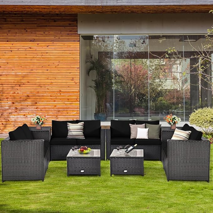 Tangkula 8 Piece Wicker Patio Set with Storage, All Weather-Proof Outdoor Conversation Set with Loveseat, Glass Top Coffee Table & Storage Box, Suitable for Garden, Poolside, Sunroom (2, Black)