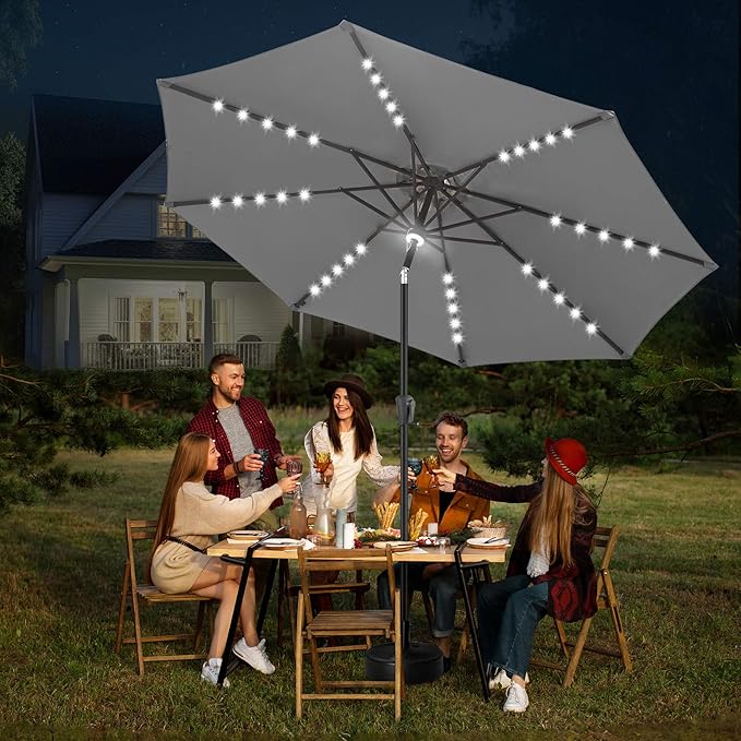 FLAME&SHADE 11 FT Solar Light Patio Umbrella, 40 LED Lights Outdoor Umbrella with Centre Surround Light, Table Market Umbrella for Deck, Pool, Porch, Backyard, Garden, UV Protection, Anthracite