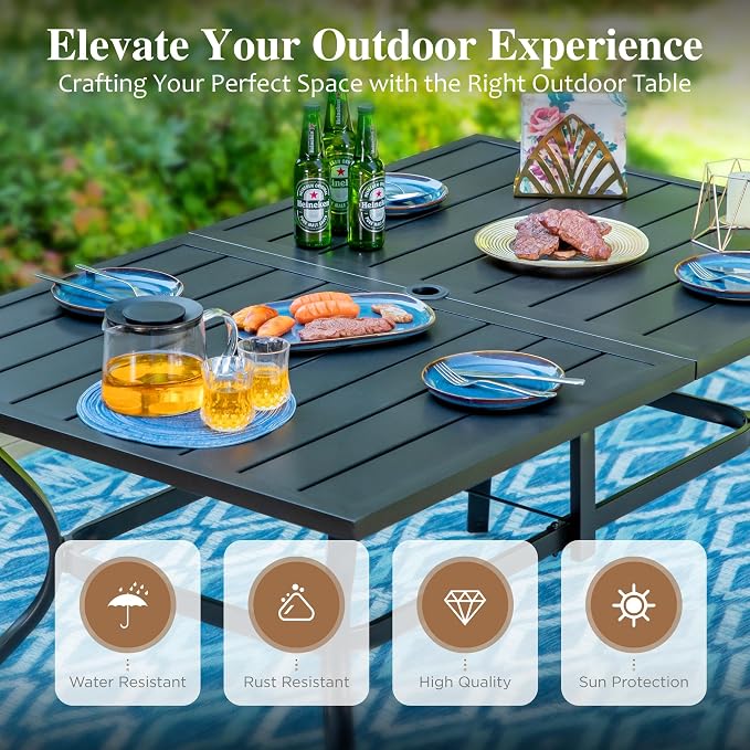 HERA'S HOUSE 7pc Patio Dining Set, 60" Metal Table, Textilene Chairs | Rectangular table with umbrella hole+ 6 blue chairs. Waterproof, rust-resistant, all-weather for backyard, porch