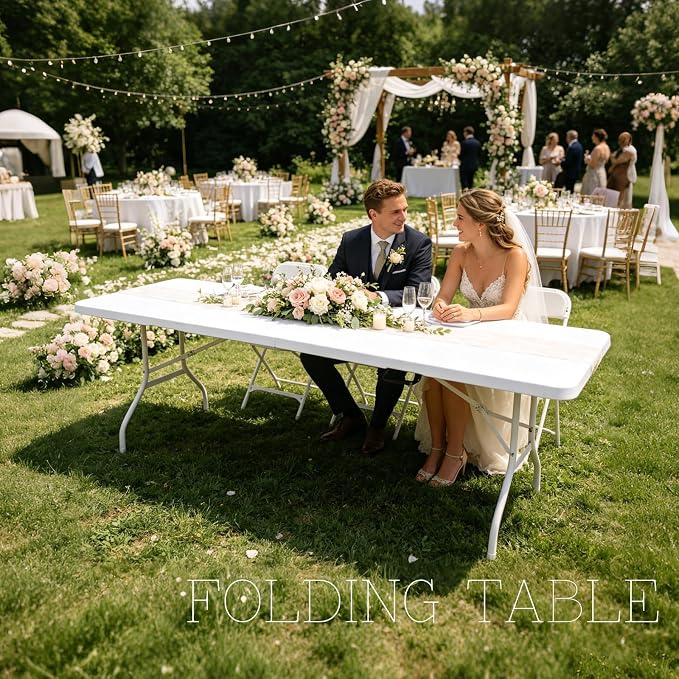 Portable Plastic Folding Table 4ft/6ft/8ft Heavy Duty White Black Picnic Dining Table Fold-in-Half for Camp Party Kitchen Indoor Outdoor