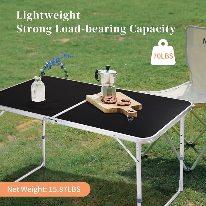 4Ft Folding Table, Portable Aluminum Camping Table with Adjustable Height, Lightweight Foldable Camp Table for Outdoor Picnic BBQ Beach, Black