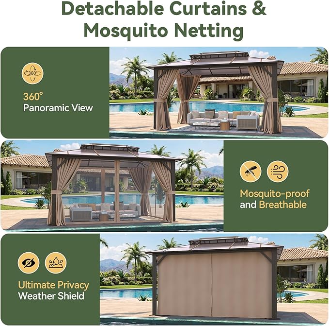 10’x14’ Hardtop Gazebo with Double Polycarbonate Roof Outdoor Metal Gazebo Sturdy Aluminum Frame & Removable Curtains, Netting Permanent Pavilion Pergola for Garden,Patio,Lawn (Brown)