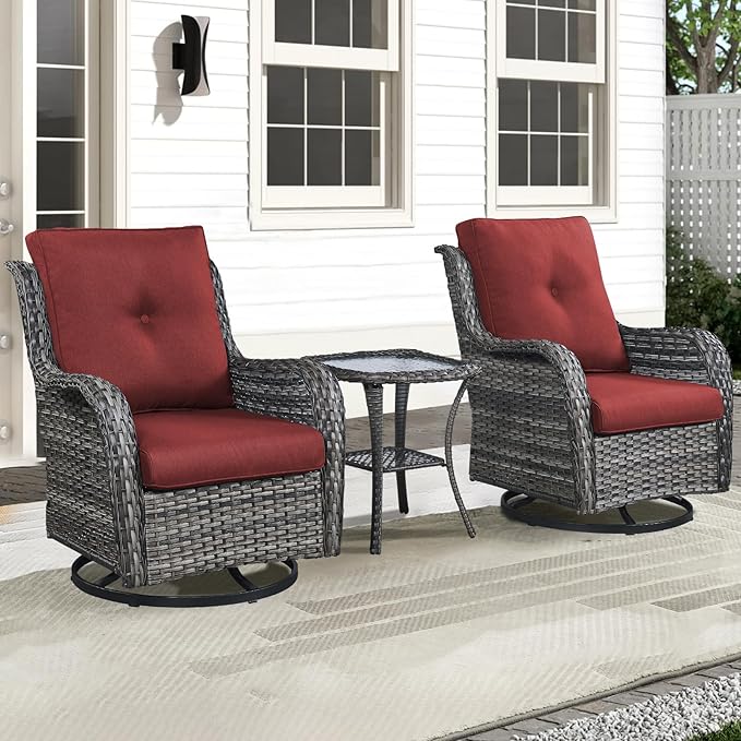 Outdoor Swivel Rocker Patio Chairs with Side Table 3 Pieces PE Wicker Patio Furniture Set for Porch Deck Balcony Garden-Grey/Red