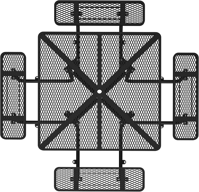 46'' Heavy Duty Outdoor Picnic Table - Commercial Grade Square Steel Picnic Table Set, Umbrella Hole, Rust-Resistant Metal Mesh Tabletop for Patio, Garden, Park, BBQ - Black