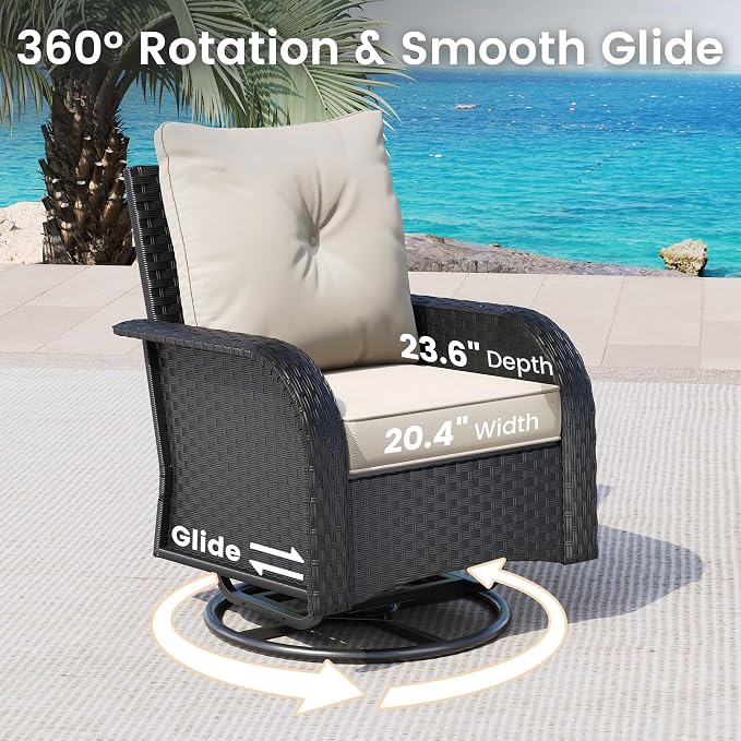 UDPATIO Patio Furniture Set with 44" Fire Pit Table, High Back 4 Swivel Rocker Chairs, Wicker Outdoor Conversation Sets with Thick Cushions & Ottoman, for Garden, Porch