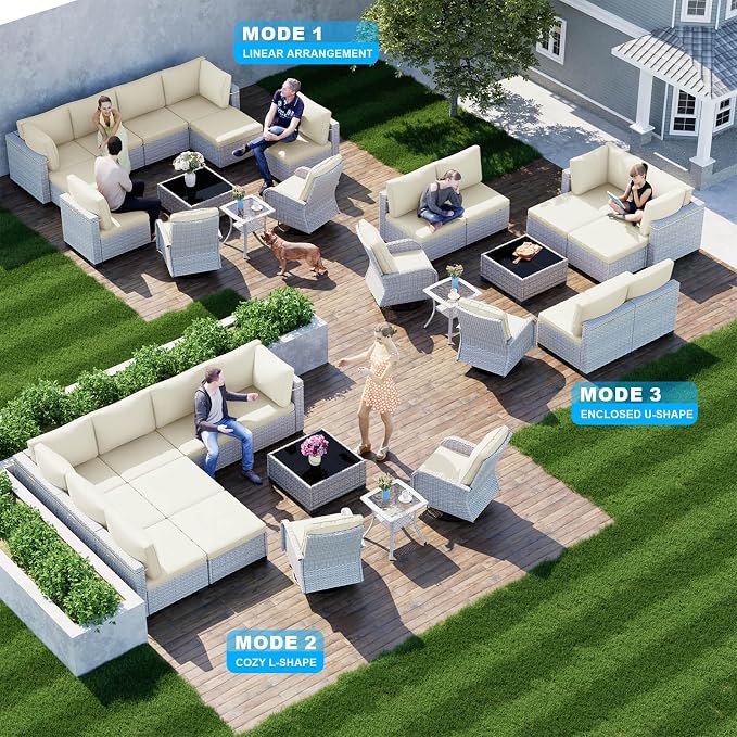 12-Piece Patio Furniture Set, Outdoor Patio Furniture with Swivel Chairs Set, Ottomans, Modular Patio Sofa, Dual-Strand Wicker Rattan, Rust-Resistant Frame, Ivory