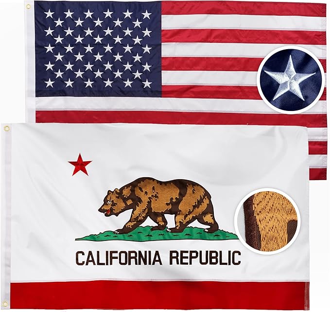 XIFAN Combo Pack: American Flag & California Flag 3x5 Outdoor, Heavy Duty 210D Nylon US & CA Flag, Strongest Longest Lasting with Embroidered Stars/Sewn Stripes/Brass Grommets