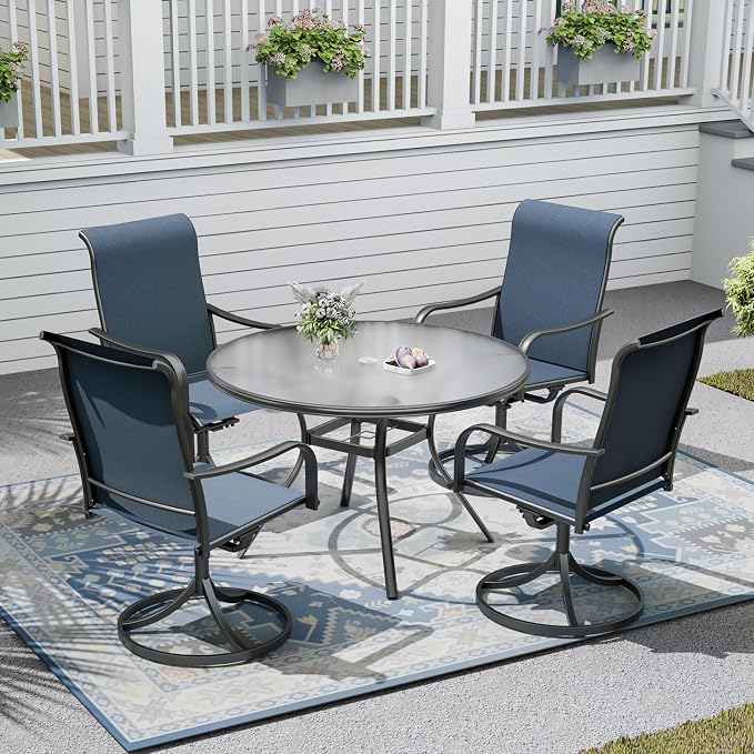 Outdoor Patio Set, 40" Round Glass Dinging Table and 4pcs Swivel Chairs, All-Weather Patio Furniture Set with 1.7" Umbrella Hole for Garden Backyard Lawn Poolside