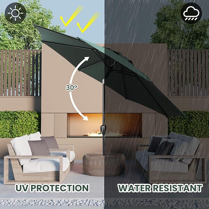 Sun-Ray 9' Round Patio Umbrella with Push-Button Tilt and Hand Crank Lift System, Market Umbrella for Porch, Deck, and Patio