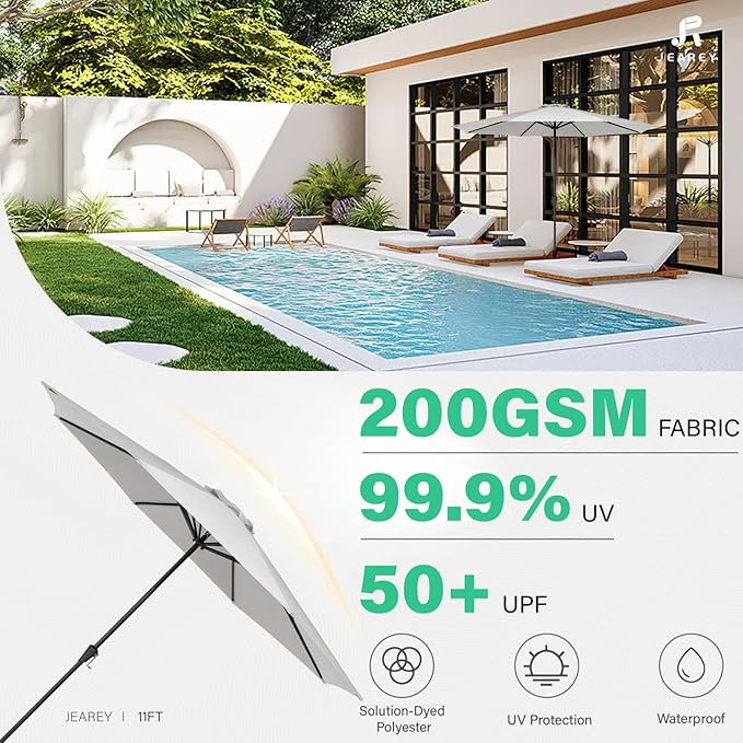 JEAREY 11' Patio Umbrellas Outdoor Table Market Umbrella w/Crank, 8 Sturdy Ribs, UV Protection Windproof for Garden, Deck, Backyard, Pool(Foggy Gray)