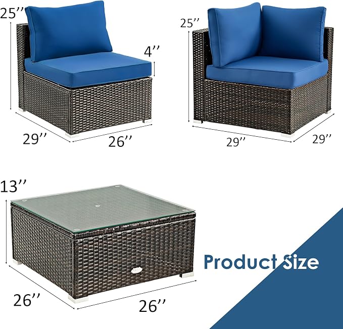 COSTWAY 5-Piece Outdoor Patio Furniture Set, PE Rattan Sofa Chairs with Cushions and Tempered Glass Coffee Table, Conversation Sofa Set for Backyard Garden (Navy)