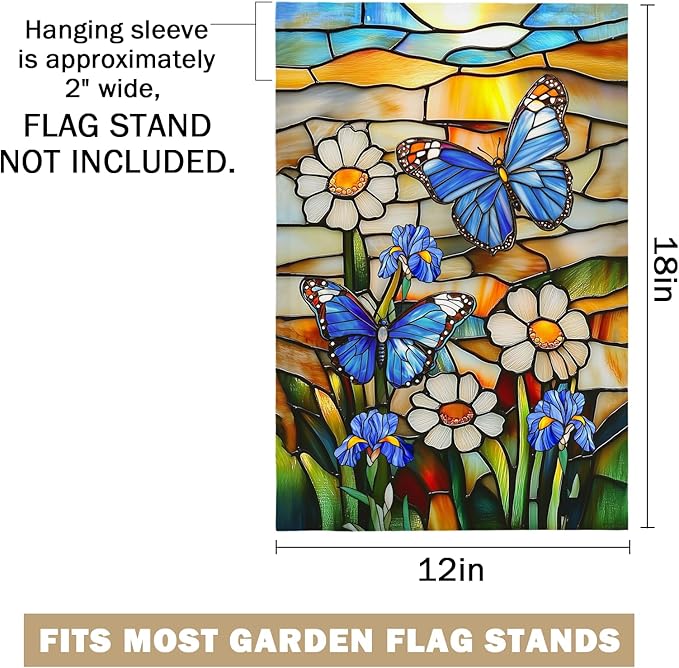 Summer Garden Flag 12x18 IN Double Sided Butterfly Flag for Garden Outside Stained Glass Style Flower Garden Flag for Holiday Summer Farmhouse Decor