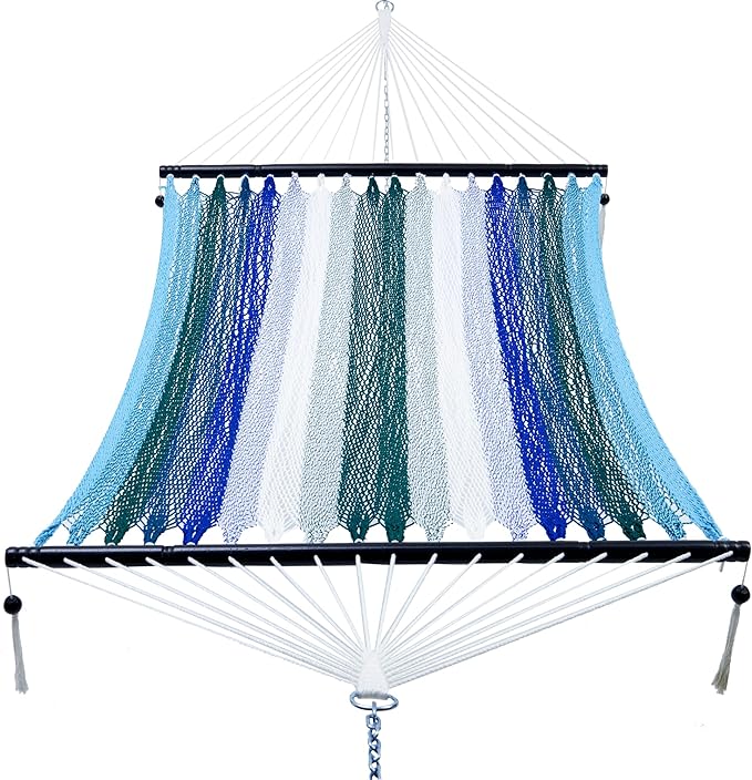 PNAEUT Double Rope Hammocks for Outside, Handwoven Double Caribbean Hammock with Spreader Bar for Outdoor Indoor, Max 600 lbs Capacity (Aqua)