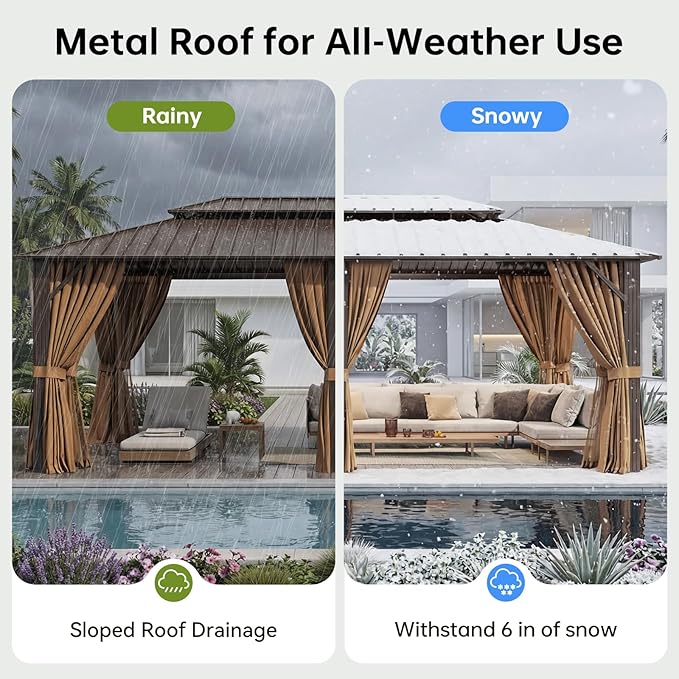 12x20FT Hardtop Gazebo, Metal Frame with Double Galvanized Steel Roof, Permanent Outdoor Pergola with Curtains and Netting Included for Backyard, Patio, Lawn and Garden, Brown