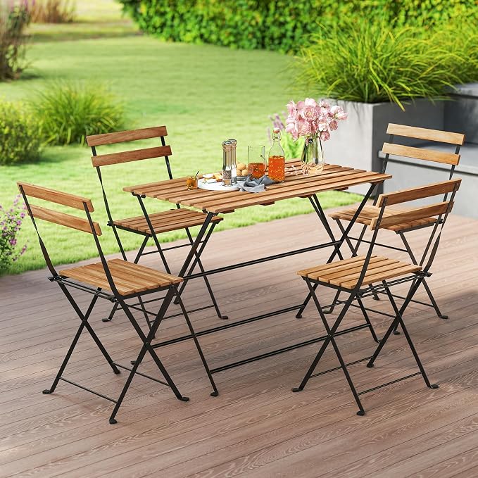 Tangkula 5 Piece Patio Folding Dining Table and Chair Set, Outdoor Space Saving Rectangular Acacia Wood Table and Foldable Chairs with Metal Frame, for Yard Porch Deck Backyard