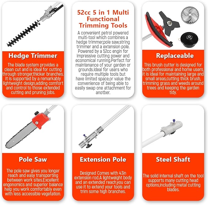 52cc Gas Weed Wacker, 5 in 1 Weed Eater Gas Powered, Brush Cutter and Gas String Trimmer 2-Cycle Extreme Duty, 1-Year Warranty, Grass Trimmer 2025 Upgraded
