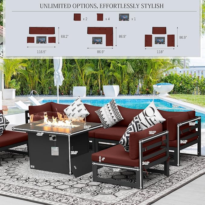 BULEXYARD 7 Pcs Modern Aluminum Outdoor Patio Furniture Set with Fire Pit Table Propane/Gas, Large All-Weather Modular Sectional Couch, 29 inch Wide Deep Seating Conversation Sofa for Outside, Red