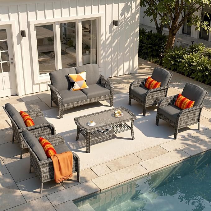 6-Piece Patio Furniture Set, Outdoor Wicker Furniture with Coffee Table, All Weather High Back Loveseat Patio Chairs, Modern Rattan Outdoor Chairs Conversation Set for Porch, Balcony, Garden,Black