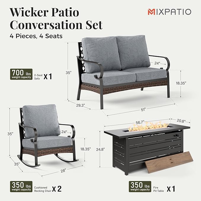 Patio Furniture Set with Fire Pit Table, 4 PCS Metal Outdoor Conversation Set with 5.75'' Extra Thick Cushion, 2 Rocking Chairs, Loveseat Sofa and Gas Fire Pit Table, Grey