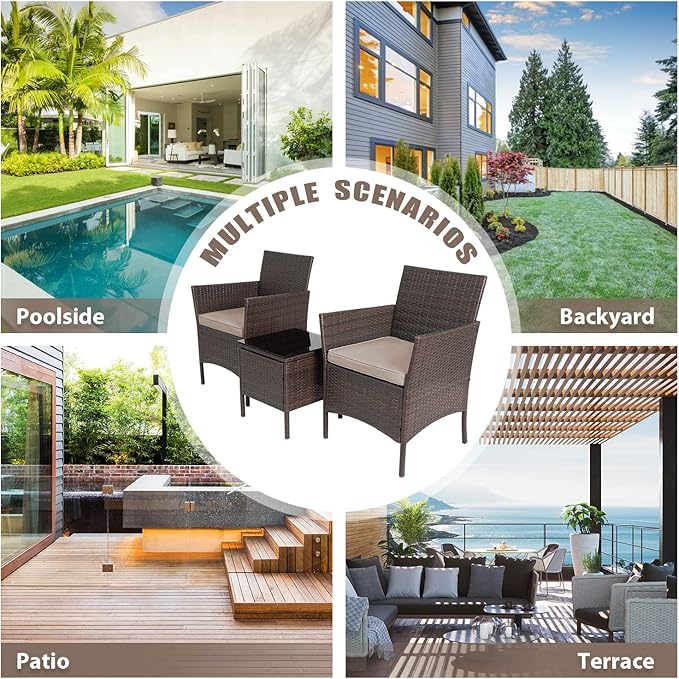 3-Piece Outdoor Wicker Conversation Bistro Set Outdoor Patio Porch Furniture Sets for Yard, Garden with 2 PE Rattan Wicker Chairs, 2 Cushions,1 Coffee Table