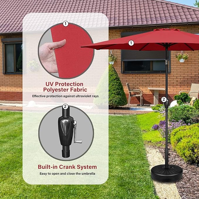 YSSOA 9' Patio Umbrella with 50lbs 20" Capacity Fillable Heavy Duty Round Base, 8 Sturdy Ribs, for Outdoor Lawn, Deck, Poolside, Red and Black