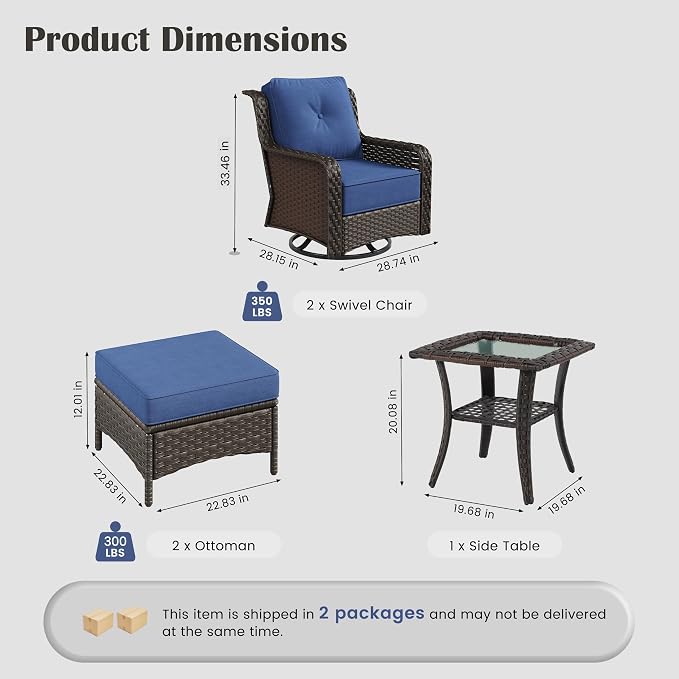Sundale Outdoor 5 Piece Patio Furniture Set with Ottoman, Wicker Outdoor Swivel Chairs with 6" Cushions, High Back Rattan Patio Conversation Sets with Deep Seating for Porch, Yard (Blue)