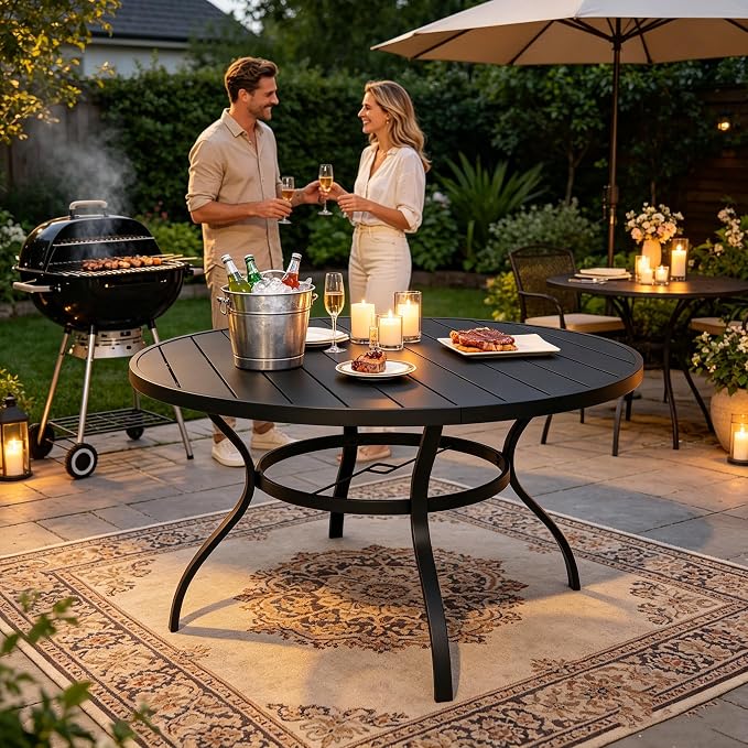 SUNCROWN 53 Inch Round Outdoor Patio Dining Table, All Weather Black Metal Steel Slat Table with 1.5" Umbrella Hole, Weather Resistant Outside Furniture for Lawn Garden Backyard Porch