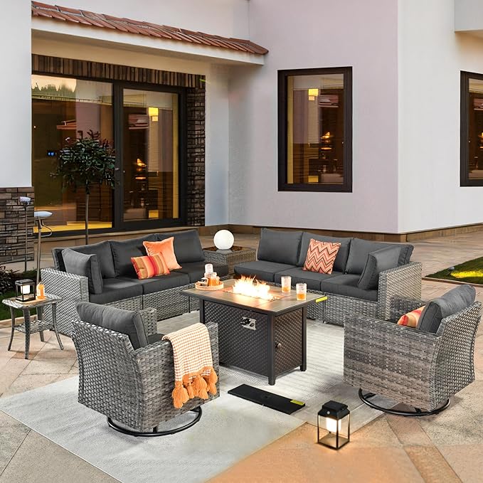 ovios 11 Piece Outdoor Patio Furniture Set with Fire Pit Table,Conversation Sectional Wicker Couch with Swivel Chairs,Modern Outside Sofa for Balcony Backyard, Black