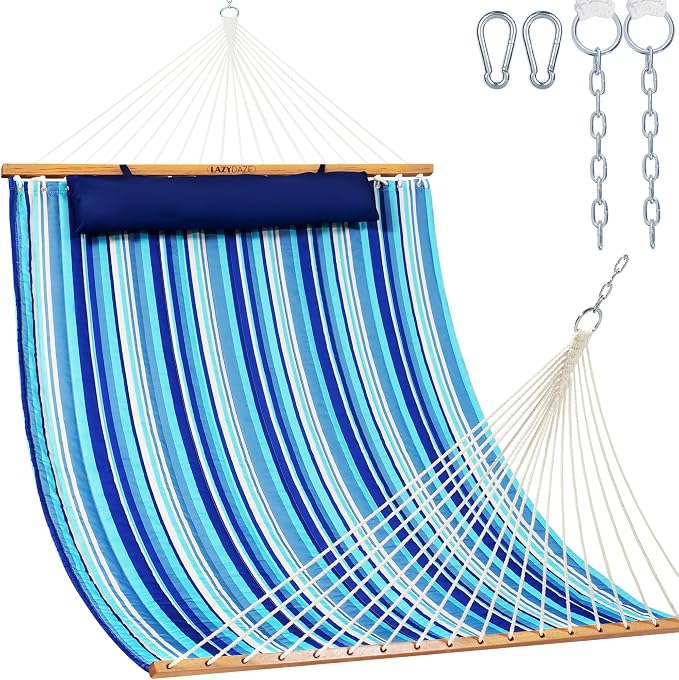 Lazy Daze Hammocks 12 FT Quilted Fabric Double Hammock with Spreader Bars and Detachable Pillow, 450lbs Weight Capacity