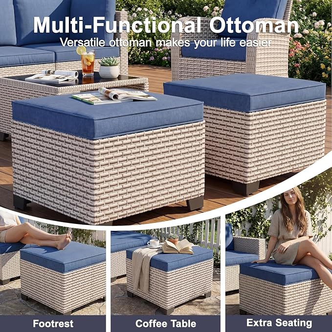 Patio Furniture Set, 10-Piece Outdoor Sectional Sofa with 60,000 BTU Fire Pit Table & Ottomans, Wicker Patio Conversation Set with Coffee Table, Blue Cushions