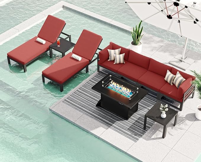RADIATA 9 Piece XL Aluminum Patio Sectional Furniture Set with Chaise & Fire Pit Table, 500 lbs Heavy Duty Anti-Rust Outdoor Couch, 29 inch Deep Wide Seating, Elegant Conversation Sofa for Yard, Red