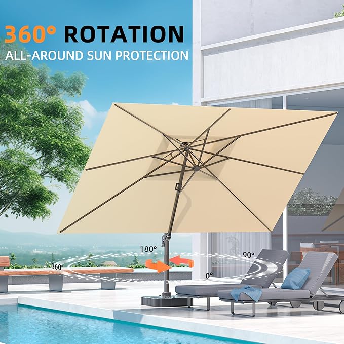 10' X 13' Outdoor Patio Umbrella Large Rectangle Cantilever Umbrella with Base Included, Heavy Duty 360°Rotation Offset Umbrella for Garden Deck Pool Patio,Beige