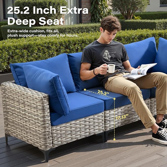 11 Pieces Outdoor Sectional Patio Furniture Set with 54" Fire Pit,Wicker Conversation Sets Rattan L Shaped Couch Swivel Rocking Chairs,Modular Outdoor Sofa for Porch Balcony Backyard Navy Blue