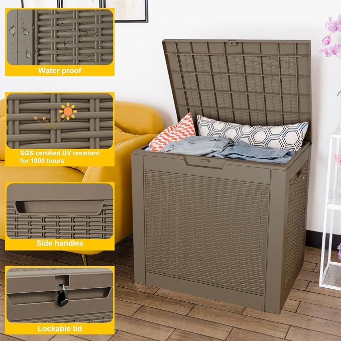 DRATO 34 Gallon Deck Boxes Resin Outdoor Storage Box UV Resistant Outside Deck Box with Lockable Lid for Patio Furniture (Grey, 34 Gallon)