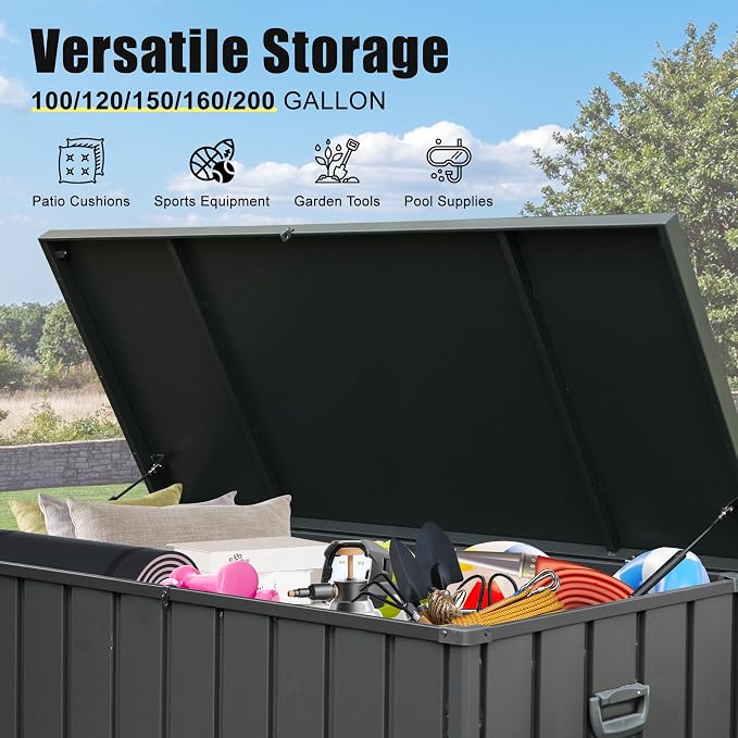 Domi Deck Box 200 Gallon Outdoor Storage Box, Large Metal Storage Cabinet Waterproof Lockable Container for Patio Furniture Cushions Garden Tools Pool-Supplies, Dark Grey