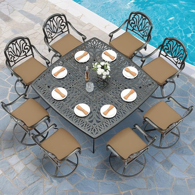 MEETWARM 9-Piece Outdoor Patio Dining Set for 8, All Weather Cast Aluminum Patio Funiture Table and Chairs Set- Large 64" Square Table and 8 Cushioned Swivel Rocker Chairs, 2.2" Umbrella Hole, Khaki