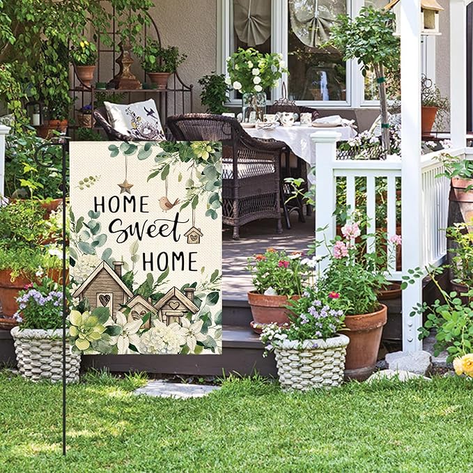 AVOIN colorlife Home Sweet Home Birdhouse Spring Floral Garden Flag 12x18 Inch Double Sided Outside, Eucalyptus Flowers Seasonal Yard Outdoor Flag